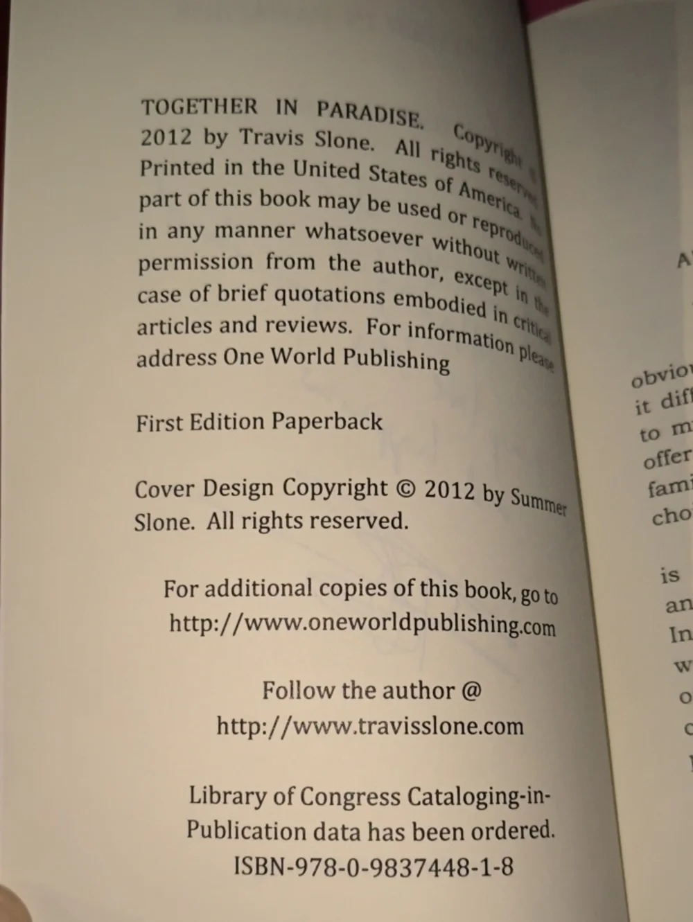 Together In Paradise - Travis Slone (2012) 1st Edition PB - Inscribed Signed